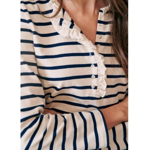 SÉZANE Gael Marienere Ecru Navy Ruffle Edge Button Front Pullover Top XL EUC - Picture 2 of 11